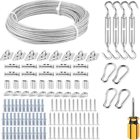Kit de Fixation pour Voile d'ombrage avec Cable Acier, Kit d'installation de Pare-Soleil en Acier Inoxydable, Auvent de Fixation pour Triangulaire et Carré, Hamac, Jardin, Terrasse (1/5)