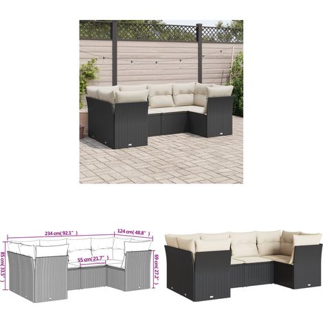 6-tlg. Garten-Sofagarnitur mit Kissen Schwarz Poly Rattan - Gartensorte - Outdoor Möbel - Lounge Set - Gartenlounge - Rattan Sofa - Home & Living