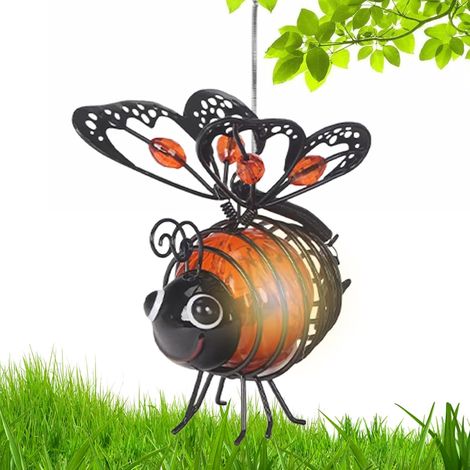Lampes solaires en forme d'abeille, lumières de jardin en forme d'animaux, design à ressort LED en métal avec crochet de suspension, décoration extérieure, idéales pour jardin, pelouse, cour (1/5)