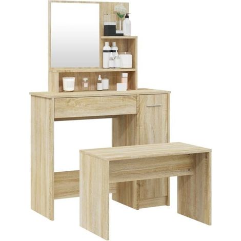 Coiffeuse avec Miroir et Tabouret, Ensemble de Toilette en Bois Chêne Sonoma, 86.5 x 35 x 136 cm, Meuble de Chambre avec Rangement (1/5)