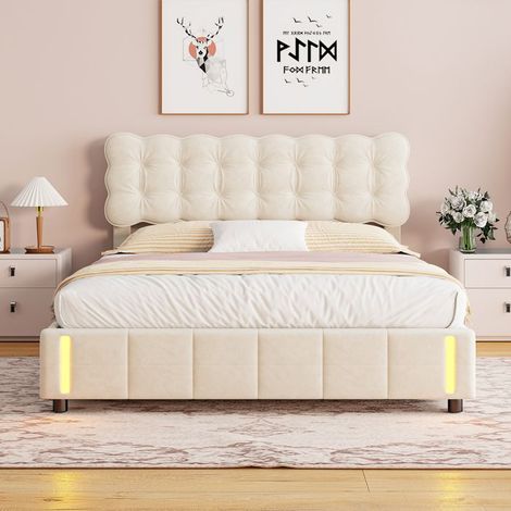 Doppelbett - TANANT - 160x200 cm - Beigefarbenes Velvet - Integrierte LED - Gepolsterte Kopfteil