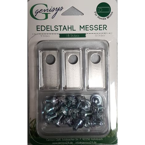 Genisys 18 Ersatz Messer Klingen (LongLife - 0,75mm) + 30 Schrauben [DIN EN 50636 geprüft] kompatibel mit Honda Miimo 310 520 3000
