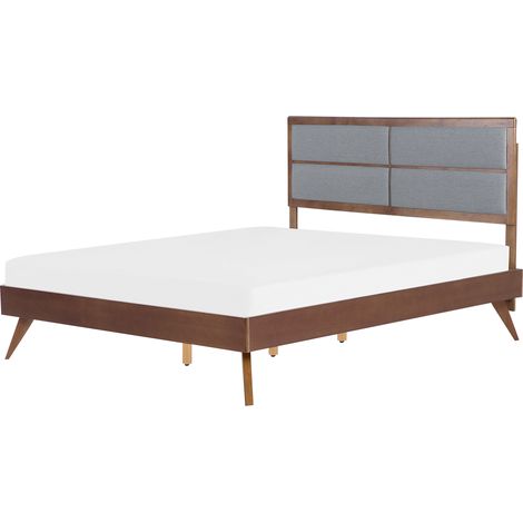 Cama de 160 x 200 cm con somier cabecero alto tapizado en tela madera de fresno oscuro gris Poissy (1/5)