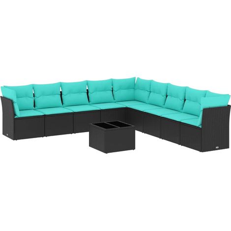 10 Piece Garden Sofa Set with Cushions Black Poly Rattan vidaXL (1/3)