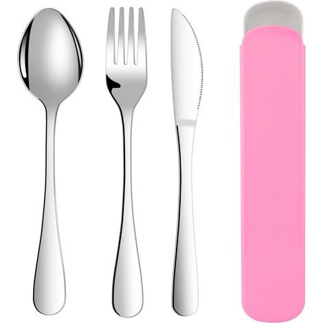 3-teiliges Edelstahl-Besteckset mit Etui, spülmaschinenfest, ideal für Reisen und Camping. (1/5)