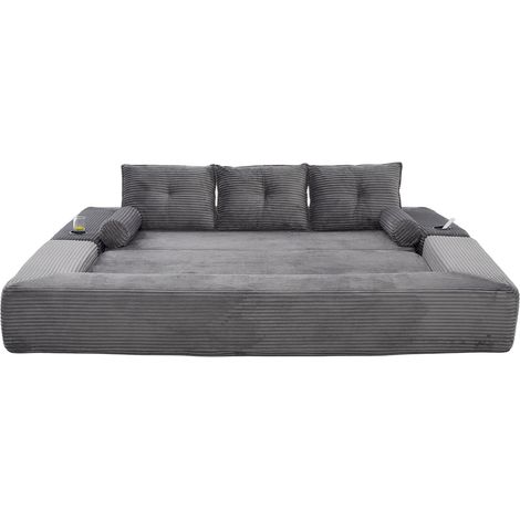 Sofá Cama 3 Plazas en Terciopelo Cotelé, Con Bolsillos Laterales y Portavasos, Gris Oscuro (1/5)