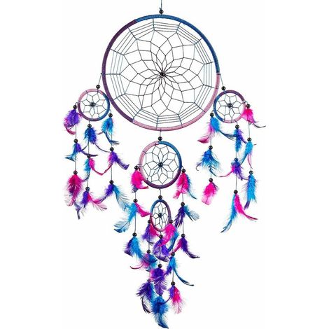 ATTRAPEUR DE RÊVES, Grand Attrape rêve Bleu Roi, Rose, Violet Dreamcatcher à Perles & à Plumes Fait Main - Capteur de Rêves Multicolore