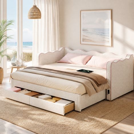 Lit extensible 90x200 cm avec 2 tiroirs, port USB, bouclé beige DESVIAE (1/5)
