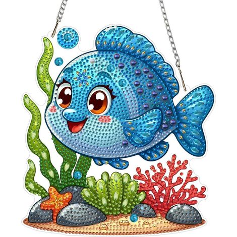 Diamantmalerei Anhänger Fisch, DIY Fensterbild Bastelset mit Strasssteinen