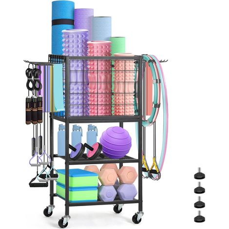 Dumbbell Rack & Stand, Yoga Mat Storage with Hooks and Wheels, Home Gym Weight Rack for Dumbbells, Kettlebells, Yoga Mat, Yoga Block, Foam Roller and Resistance Band (1/5)