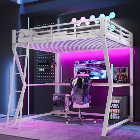 Lit minuit, 140 x 200cm, avec lumières LED, étagère console informatique, bureau, prise + USB, rampe, escalier, sans matelas, blanc