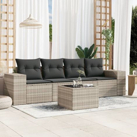 Ensemble salon jardin 5 places en résine tressée gris clair avec coussins gris foncé, table verre trempé et rangement intégré (1/3)