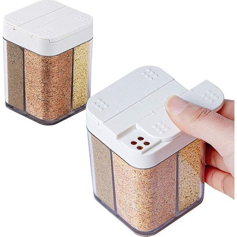 Dispensador de sal y pimienta de plástico 4 en 1, Caja de especias vacía con 4 compartimentos abatibles, la cocina y la barbacoa (1/5)