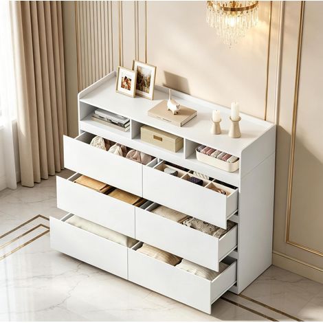 Commode 120x40x100 cm en panneaux de bois blanc, avec rangement pour chambre, FloraGrace (1/5)