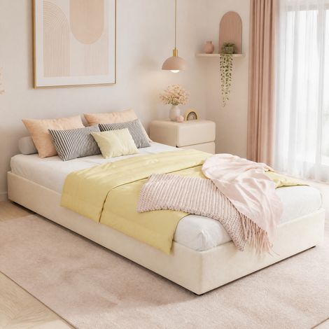 DESMIU Lit enfant 90 × 200 cm 1 place avec rangement pneumatique et tête de lit fantaisie, sans matelas, en tissu et métal beige (1/3)
