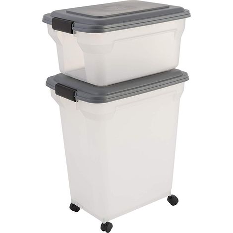 Iris Ohyama, 2 boites croquette 20&45L pr 7.5&15kg, Hermétique Hermétique, Transparent pelle et roues incluses pour chien & chat - Air Tight Food ContainerATS-C, Gris