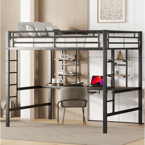 Cama alta metálica con escritorio y dos estanterías, escalera, para niños, jóvenes y adultos, 140x200 cm, negra, ideal para ahorrar espacio, estructura de metal y MDF - CHICFURN (1/5)