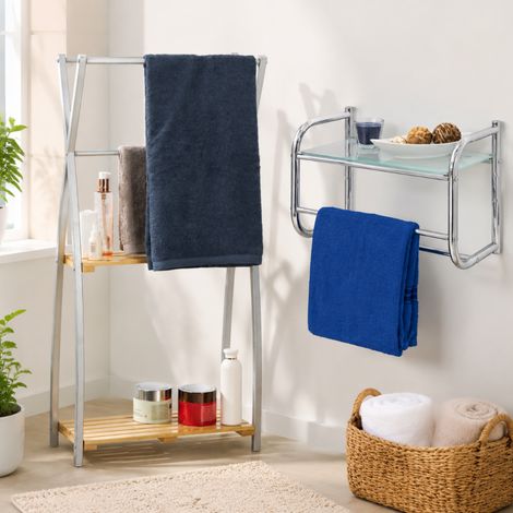 Set di contenitori da bagno da appoggio (2 pezzi) – Portasciugamani a X e mensola da parete in vetro (1/5)