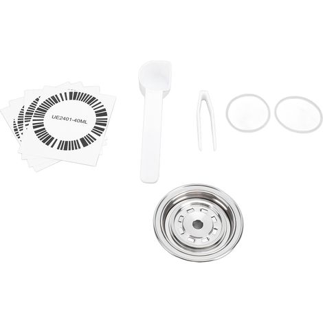 Adaptateur réutilisable pour dosettes de café, porte-capsules en acier inoxydable avec pince à cuillère, autocollants et joints toriques. (1/5)