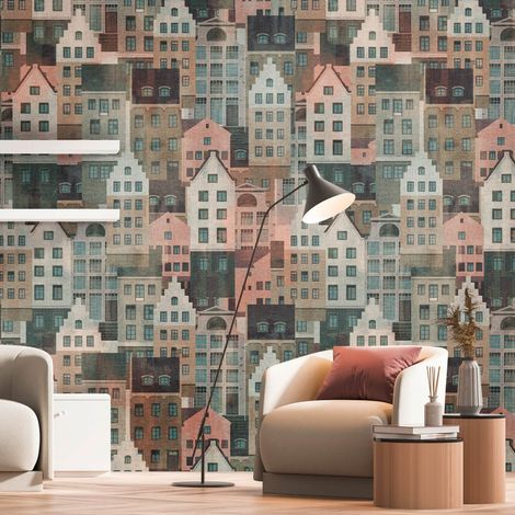 Photo wallpaper wall Profhome 391822 hot embossed non-woven wallpaper smooth with graphical pattern matt multicoloured pastel blue pink beige grey 1,59 m x 2,8 m