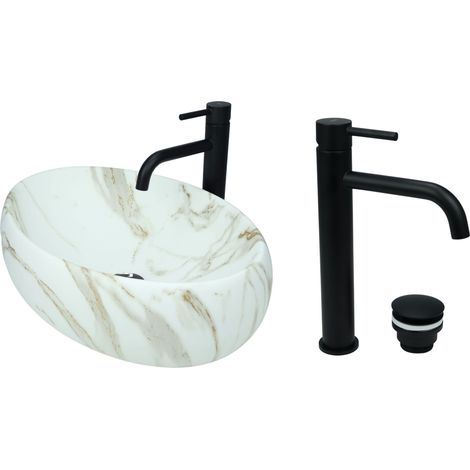 GTM Design Aufsatzwaschbecken 48 cm Matt Set mit Waschtischbatterie und Stopfen - Aufsatzwaschbecken Oval für Badezimmer - Modernes Waschbecken ohne Hahnloch - Waschbecken mit Armature (1/5)
