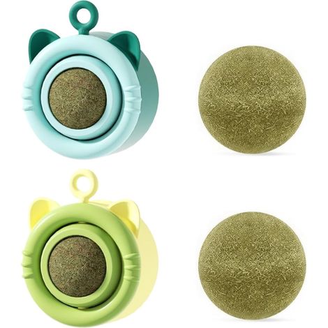Boules d'herbe à Chat, 4 Pièces Boule Herbe a Chat, 360 Degrés Boule d'herbe à Chat, herbe à chat, Boule Herbe a Chat Murale,Auto-adhésif Balle Murale Comestible pour Nettoient Les Dents (1/5)