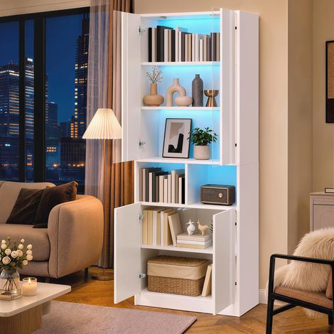 Meuble de rangement vitré en acrylique, colonne haute avec éclairage LED et commande via appli, 2 portes, étagères ajustables, pour salon, entrée ou chambre, armoire à fenêtre, double corps. (1/5)