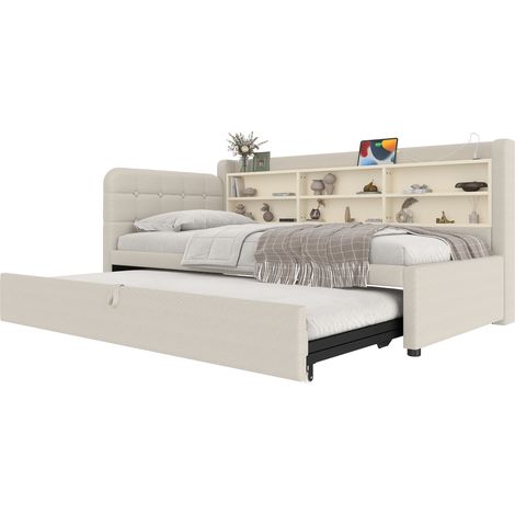 Lit gigogne tissu lin beige 90x200 cm avec sommier à lattes, ports USB/Type-C et rangements (1/5)