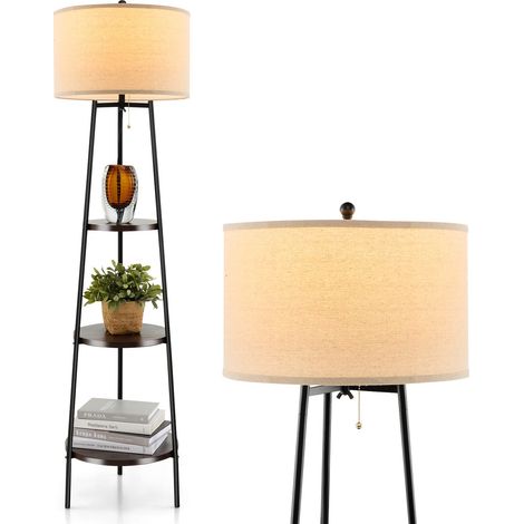 Lampada da terra 41 x 153 cm con 3 ripiani in legno e paralume in lino, lampada alta in stile moderno, per soggiorno, camera da letto, decorazione minimalista, nero (1/5)