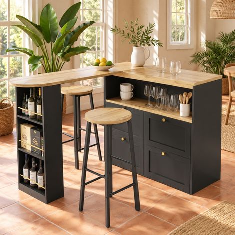 Ensemble table haute avec rangement et 2 tabourets de bar noirs, décor bois DESVIAE (1/5)