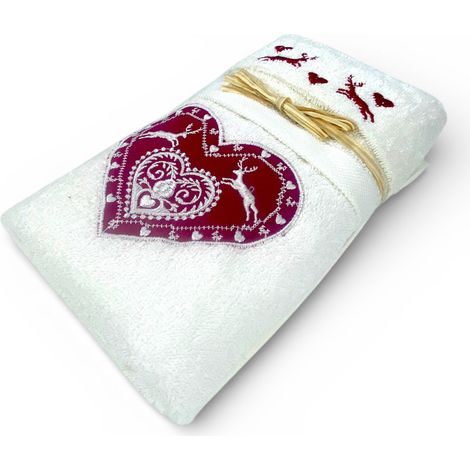Set Asciugamani Tirolese Panna Cuore Cervo Ricamato   1 Asciugamano 60x110 + 1 Ospite 40x60 100% Cotone Made in Italy