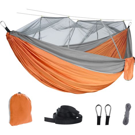 Hamac de couchage suspendu en tissu Nylon, Portable, voyage, Camping en plein air, avec moustiquaire, 260x140cm, Orange et gris (1/5)