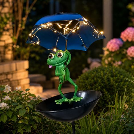 Mangeoire à oiseaux solaire grenouille avec lampe LED, décoration jardin en fer, hauteur 86cm, éclairage automatique nocturne pour extérieur (1/4)