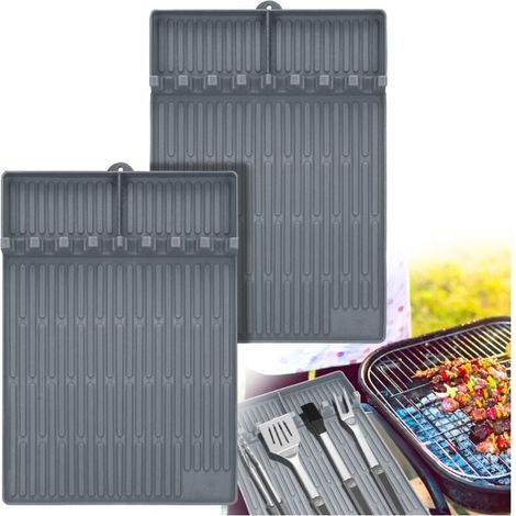 2 Pièces Tapis de Cuisson Barbecue 40 30 cm, Ustensiles Barbecue Compatible avec Grille à Gaz, Tapis de Spatule en Silicone Tapis d’Etagère Latérale pour BBQ Grills Comptoirs (Gris - Mince) (1/4)
