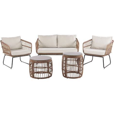 Conjunto de jardín 4 plazas de ratán beige 2 mesas cojines exterior Ravello