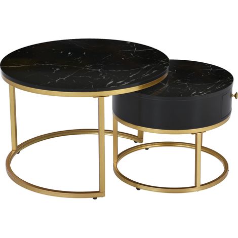 Table basse gigogne moderne laquée brillante motif marbre, set de 2 tables rondes, table d’appoint gigogne