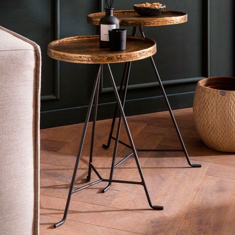 Lot de 2 tables d'appoint rondes 35 et 38 cm en aluminium doré et noir (1/5)
