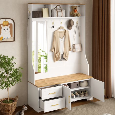 Mueble zapatero de entrada con banco, espejo, ganchos y LED 120 x 40 x 187 cm DESVIAE (1/5)
