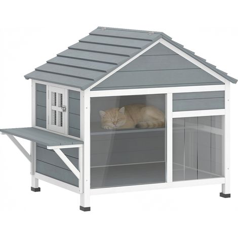 Maison pour Chat Extérieur avec Toit Ouvrant et Fenêtre Panoramique 101x72,5x81cm Gris et Plateforme de Repos (1/5)