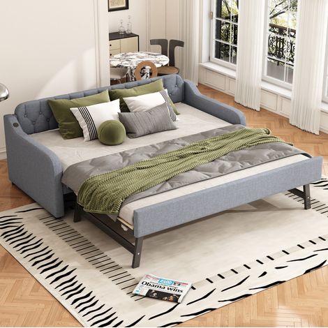 Canapé-lit en lin gris 90x200 cm avec lit gigogne coulissant, port USB et sommier à lattes (1/5)