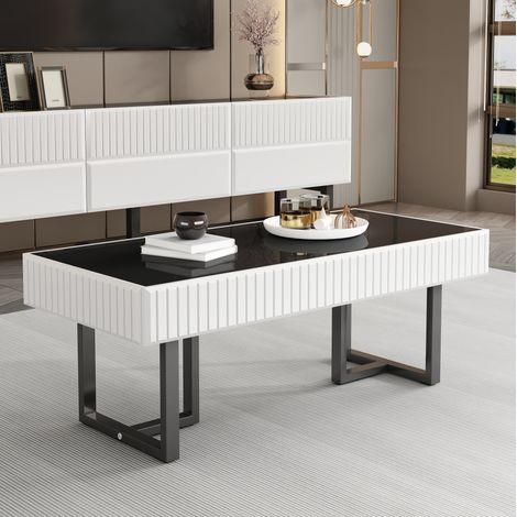 Mesa de centro 110x50,5x41 cm negra y blanca, tablero negro brillante, MDF y madera, MEUBLIV (1/5)