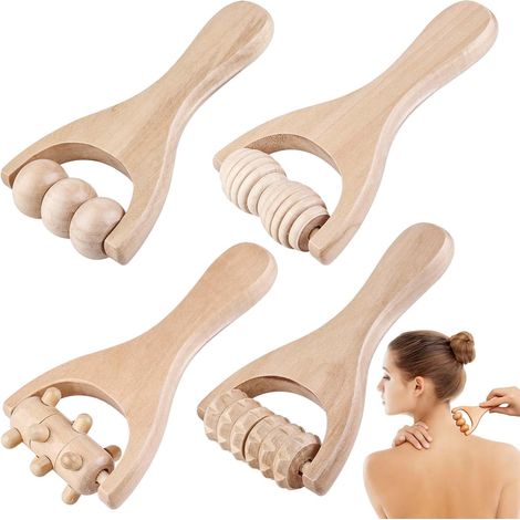 Rouleau De Massage - Lot De 4 - Bois Naturel - Avec Poignée - Pour Dos Et Jambes - 18x8x3 Cm (1/5)
