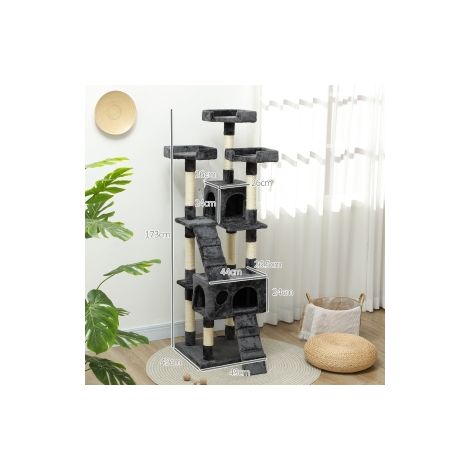 Arbre à chat gris XXL avec niche, échelle et plateformes multiniveaux pour salon, chambre et espace de jeu (1/5)