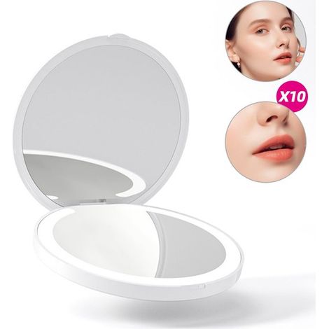 Miroir de maquillage de voyage LED, pliable et portable, double face avec grossissement 1x/10x, Ø 9 cm, éclairage intégré, blanc (1/5)