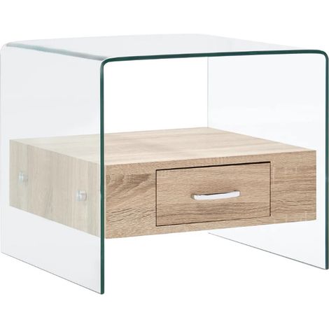 Table basse carrée 1 tiroir verre transparent et chêne clair Allissa (1/5)