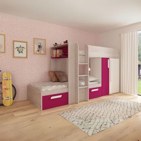 Letto a castello bianco consumato fucsia con armadio e cassetti 1298 (1/5)