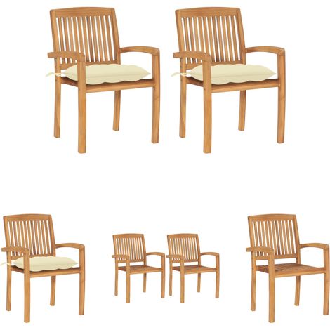 Teakholz Stühle - vidaXL Gartenstühle 2 Stk. mit Cremeweißen Kissen Massivholz Teak - Holzstühle mit Kissen (1/5)