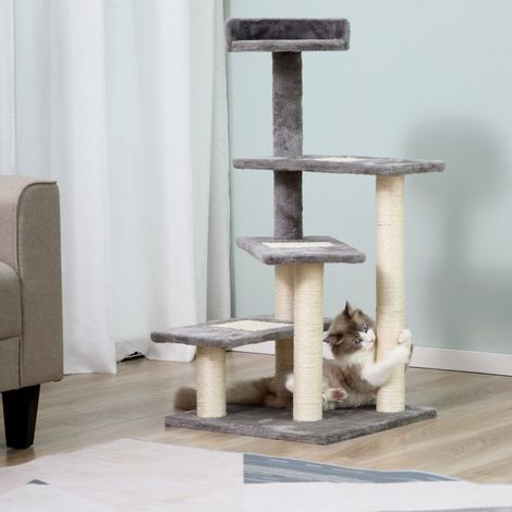Albero tiragraffi a 5 livelli con gradini, 48,5 x 48,5 x 100 cm, beige e grigio, OKWISH (1/5)
