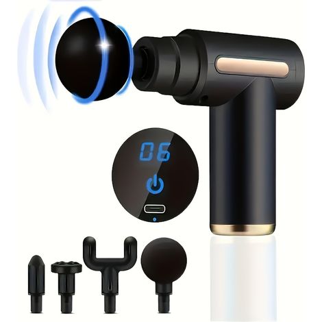 Bâton de massage avec 4 têtes interchangeables, 6 niveaux réglables, écran LCD, faible bruit, rechargeable par USB, cadeau de Noël parfait -AquaForge (1/5)