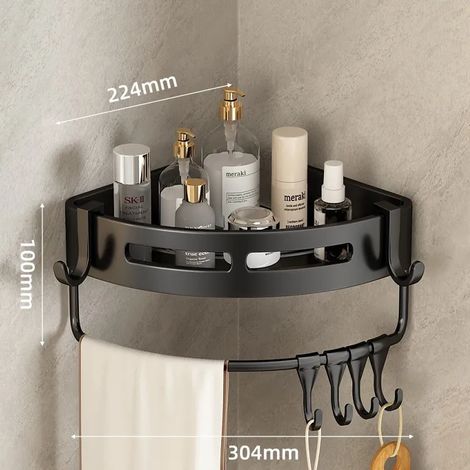 (Noir - Avec barres) Étagère murale triangulaire pour salle de bain ou toilettes. Étagère rectangulaire supplémentaire pour balcon, idéale pour les petites salles de bain. (1/5)